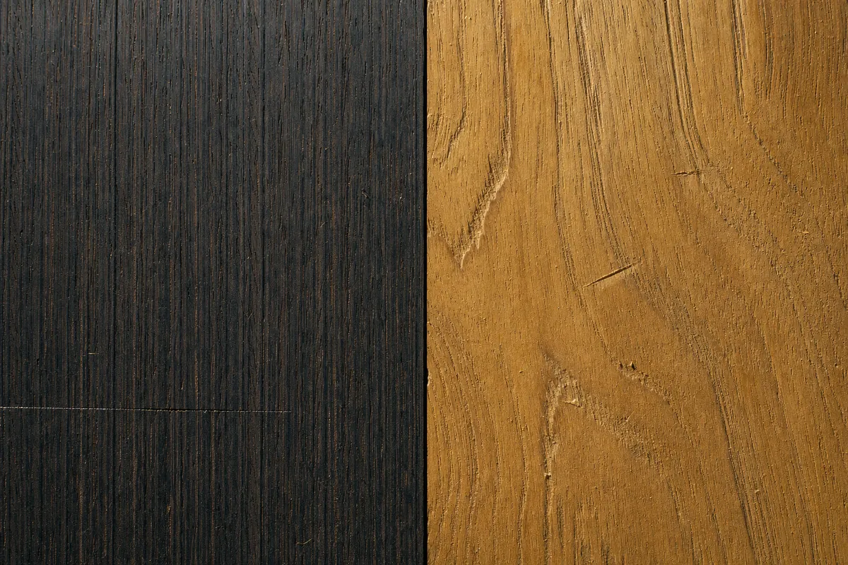 Plateau d'établi en bois : une planche de wengé presque noir contre une planche d'iroko brun-jaune.
