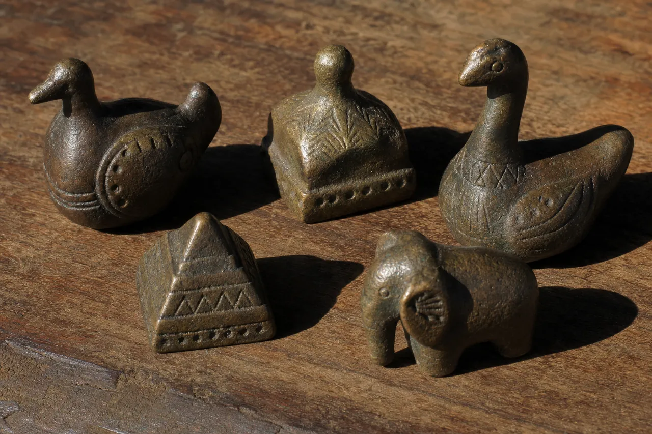 Petits poids en bronze patiné posés sur un établi en bois sombre, sous une lumière rasante.